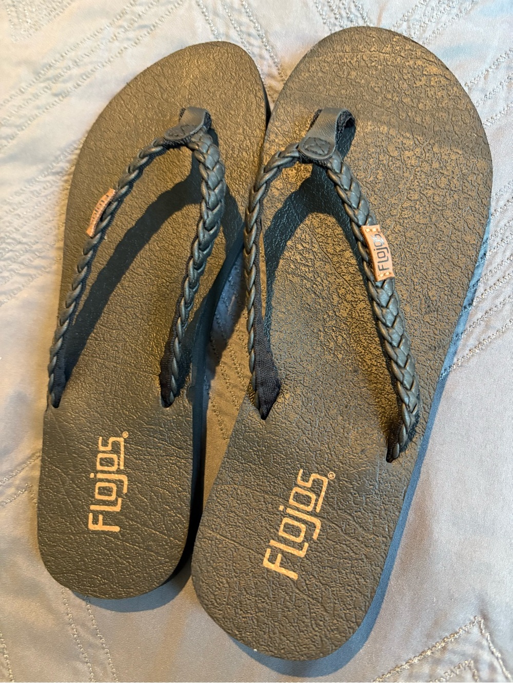 Flojos Braided Strap Flip Flops in Black with Gold Logo
